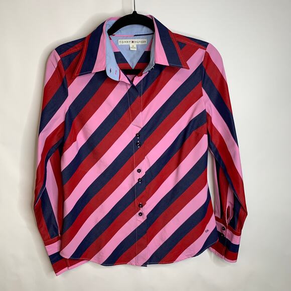 Tommy Hilfiger Blue Pink Red Striped Button Up Shirt Sz Medium - Picture 5 of 9